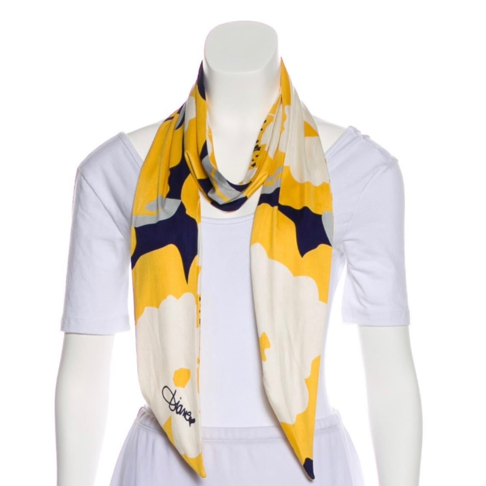 Diane Von Furstenberg Yellow Navy Floral Silk Scarf
